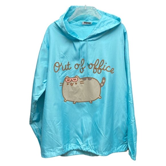 NWT Pusheen Out of Office Blue Cat Graphic Water repellent Jacket Hooded XS-M - Picture 1 of 11